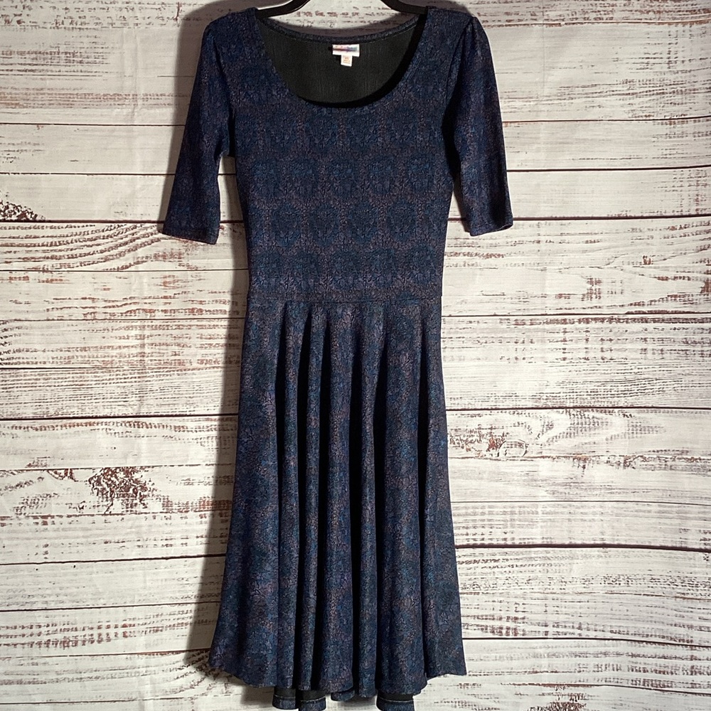 LuLaRoe Navy Blue and Pink Patterned Nicole Dress